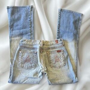 Y2K vintage 7 For All Mankind light wash pink stitch A-pocket Dojo bootcut jeans